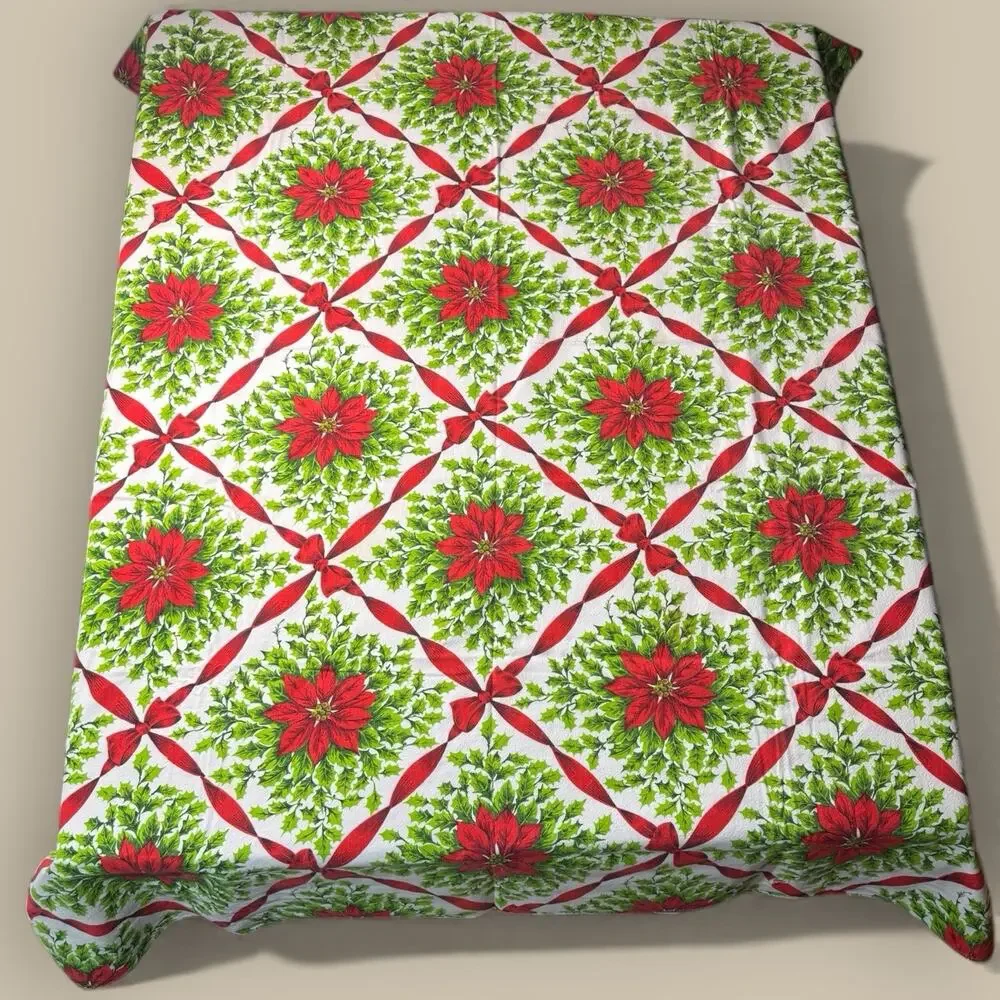VTG Christmas Decor Tablecloth MCM Poinsettia Holly Ribbon 50x64 Red Green White